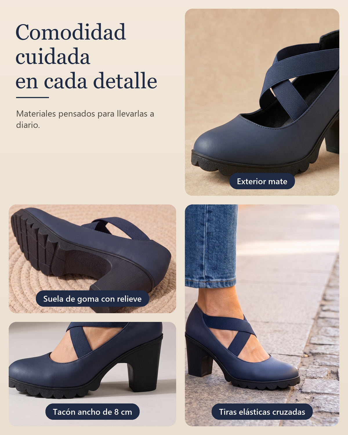 Amelia | Zapatos Mary Jane de tacón ancho con tiras elásticas