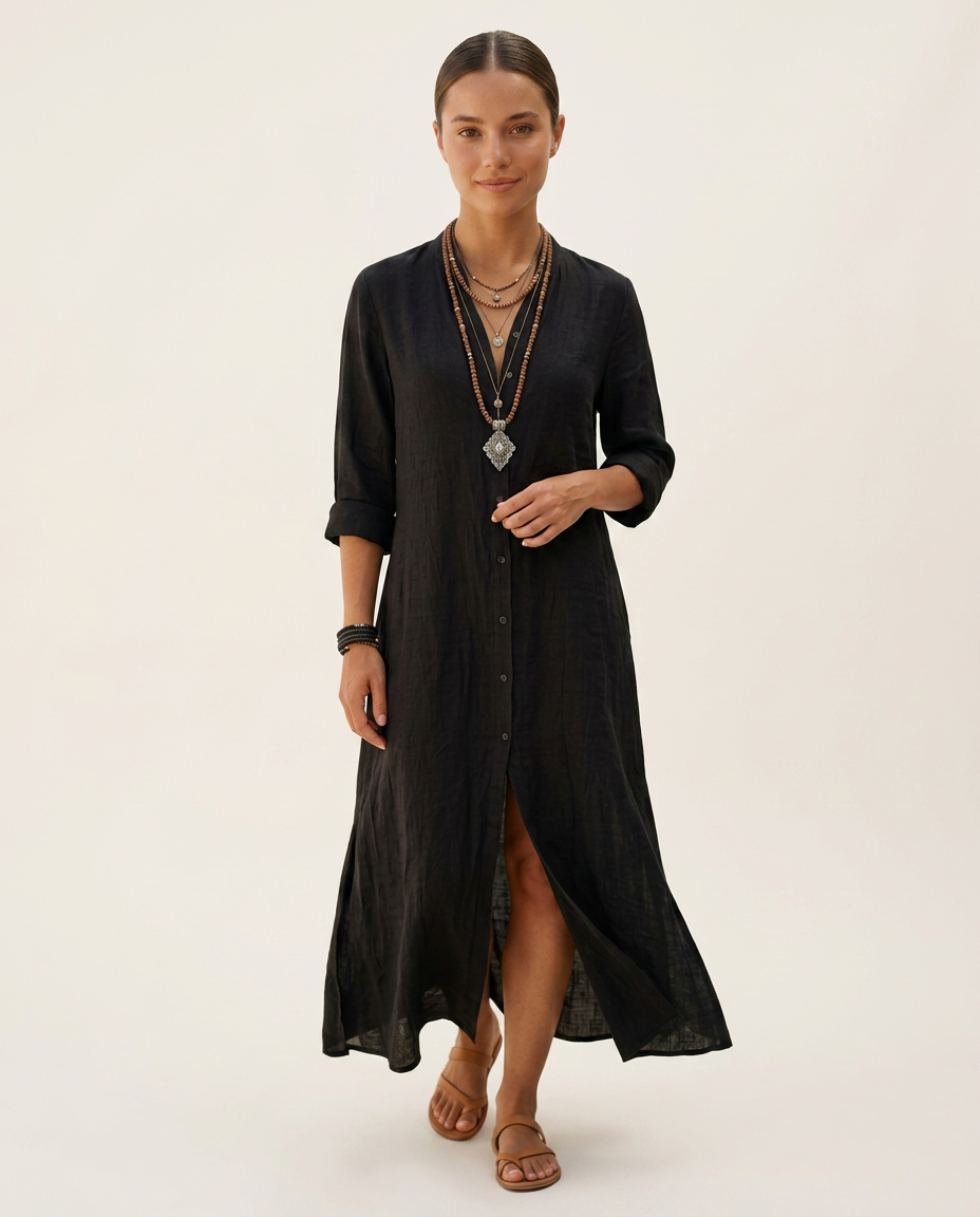 Alma | Vestido camisero largo de algodón y lino