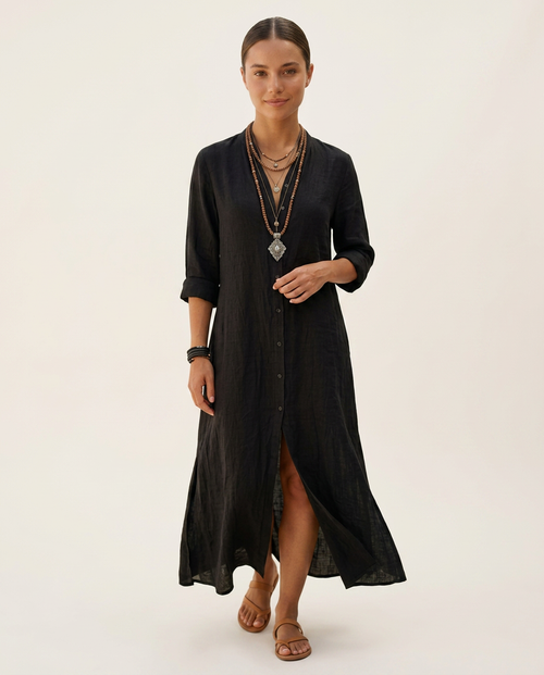 Alma | Vestido camisero largo de algodón y lino