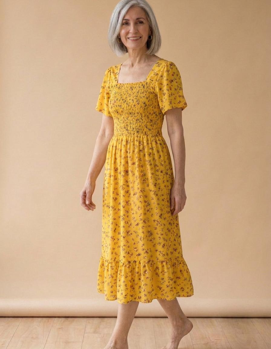 Carmen | Vestido midi de gasa fruncido - Amarillo