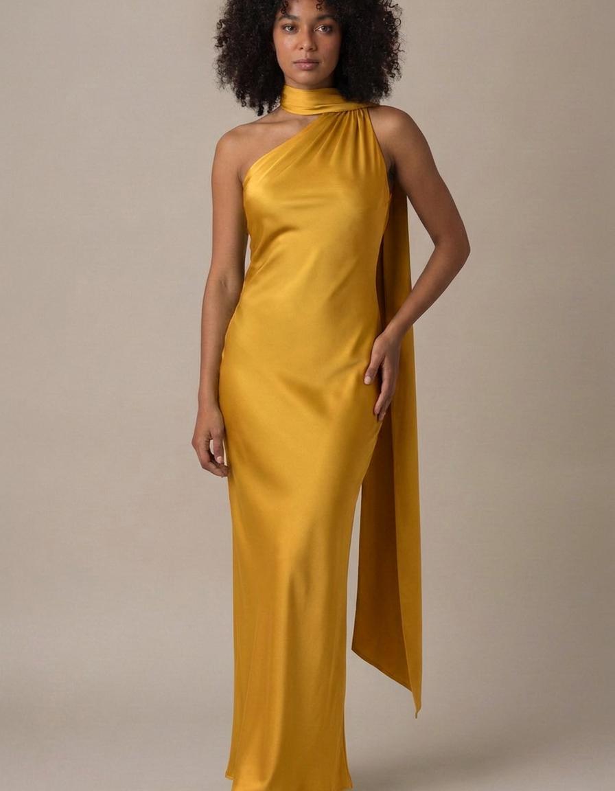 Vega | Vestido de satén con capa - Amarillo dorado