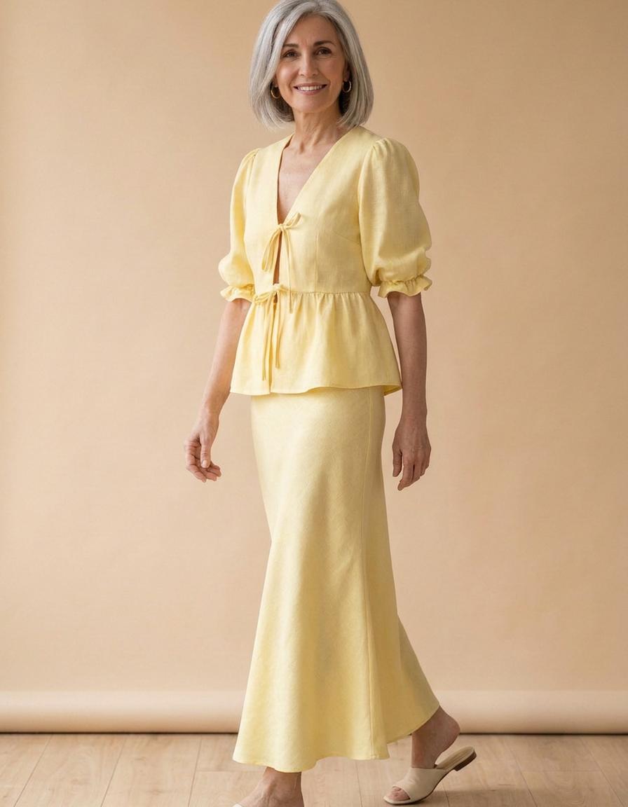 Inés | Conjunto camisa y falda larga de algodón - Amarillo