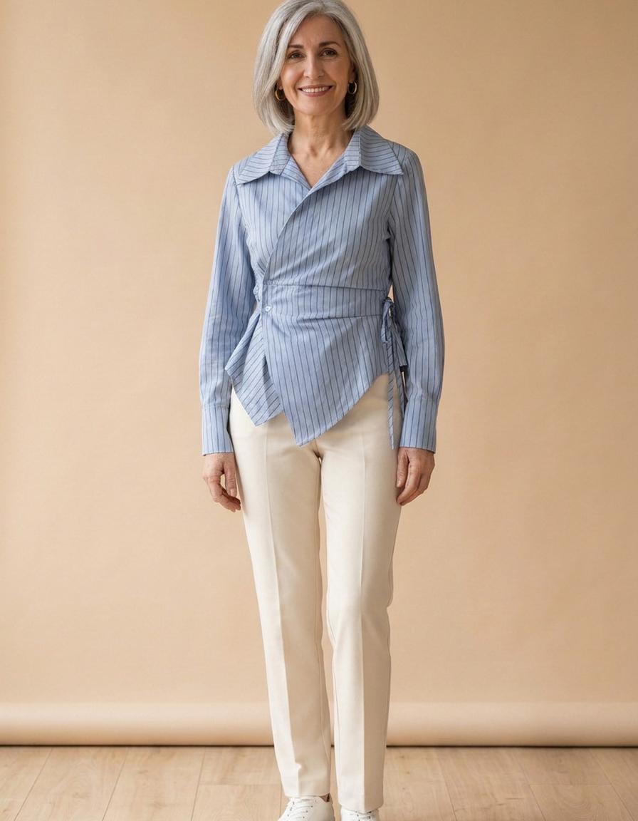 Gloria | Camisa cruzada de rayas entallada - Azul a rayas