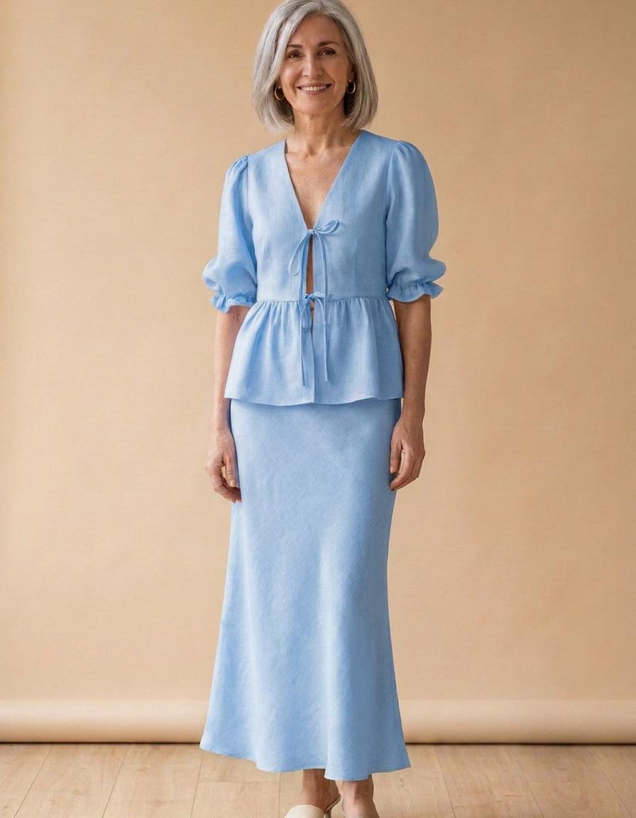 Inés | Conjunto camisa y falda larga de algodón - Azul