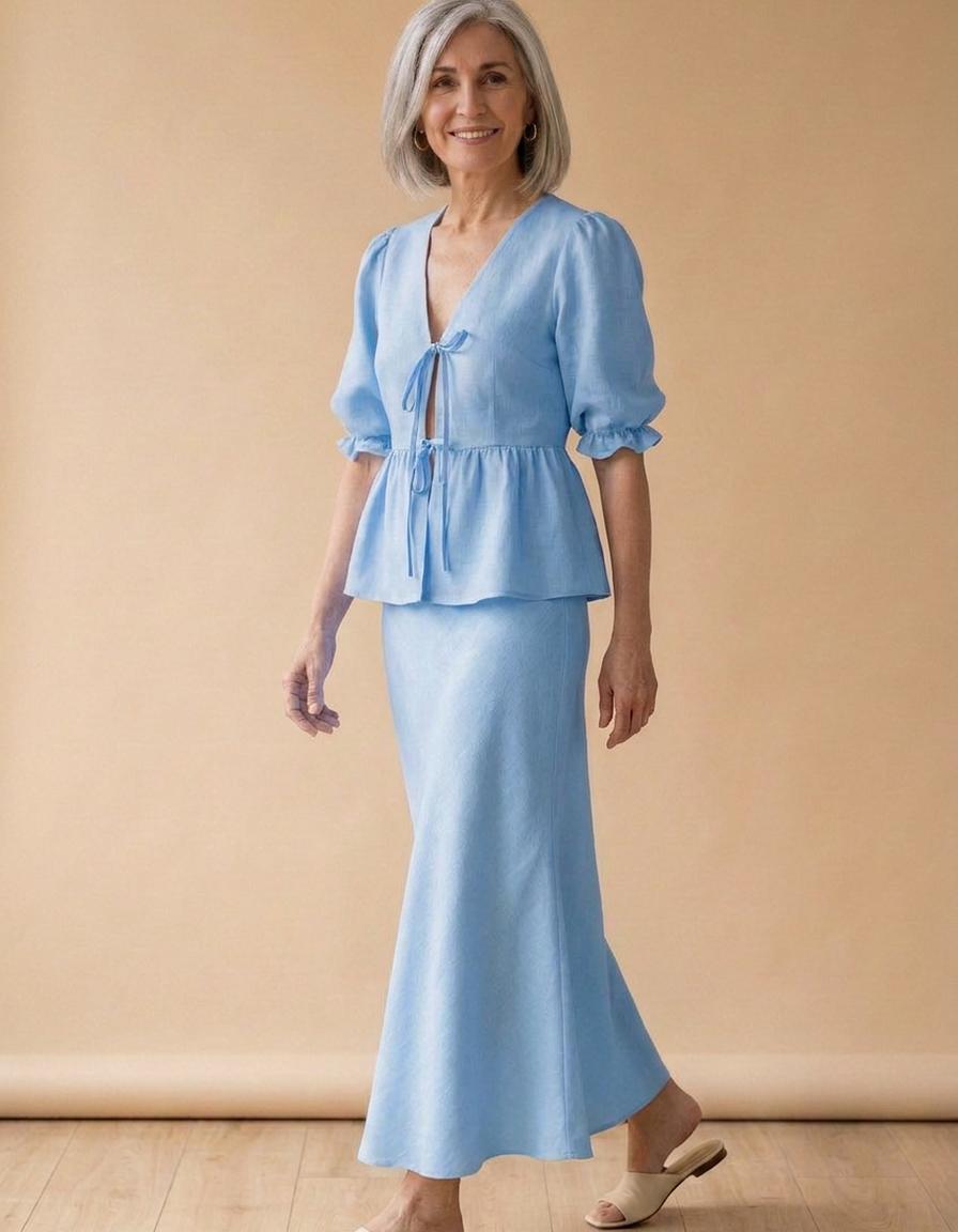 Inés | Conjunto camisa y falda larga de algodón - Azul