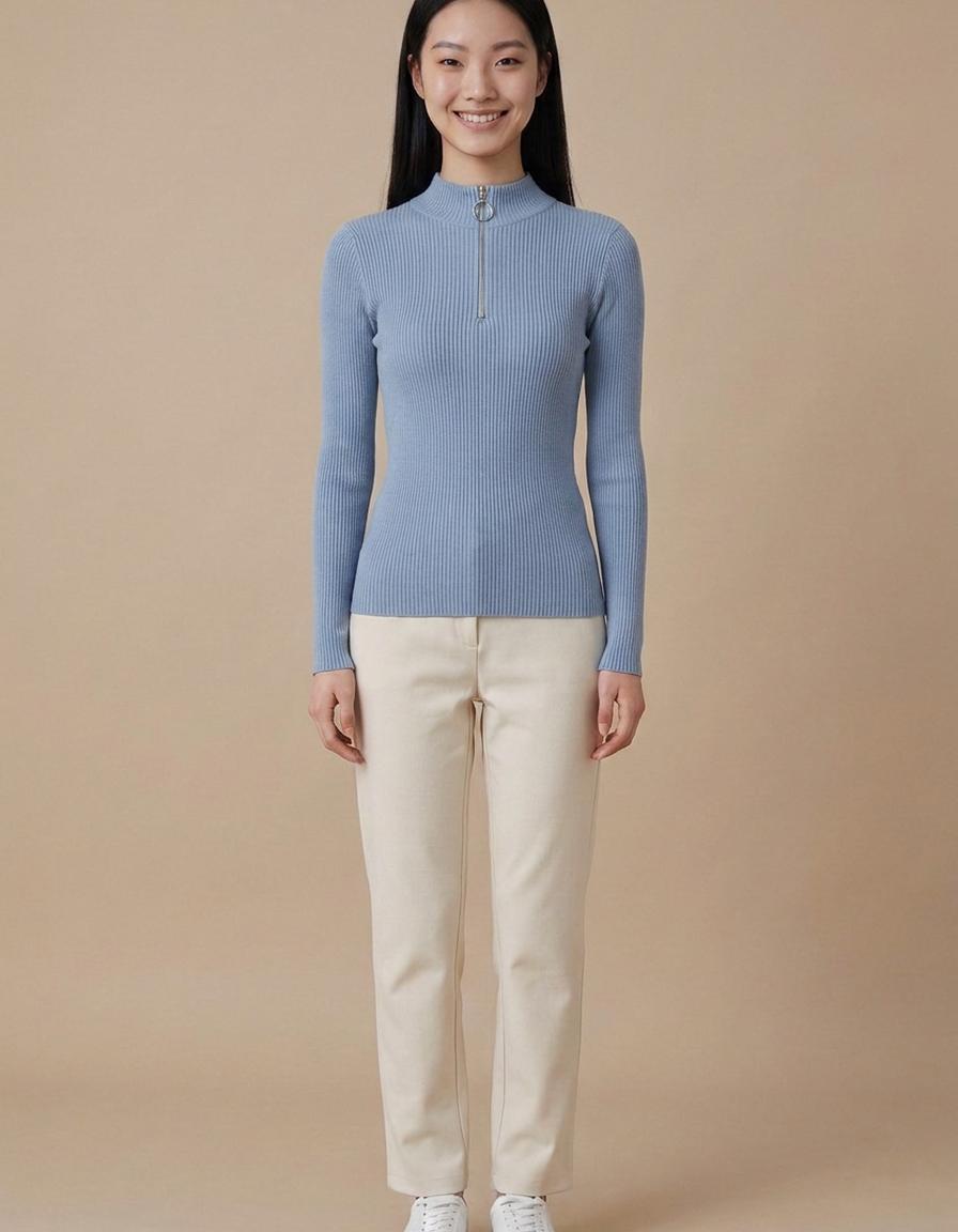 Margarita | Jersey de canalé con media cremallera - Azul claro