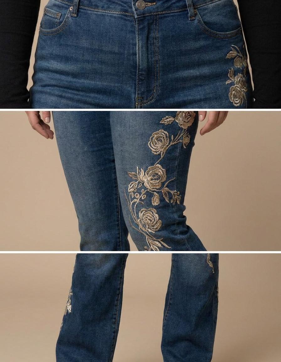 Alicia | Vaqueros de campana con bordado floral - Azul lavado