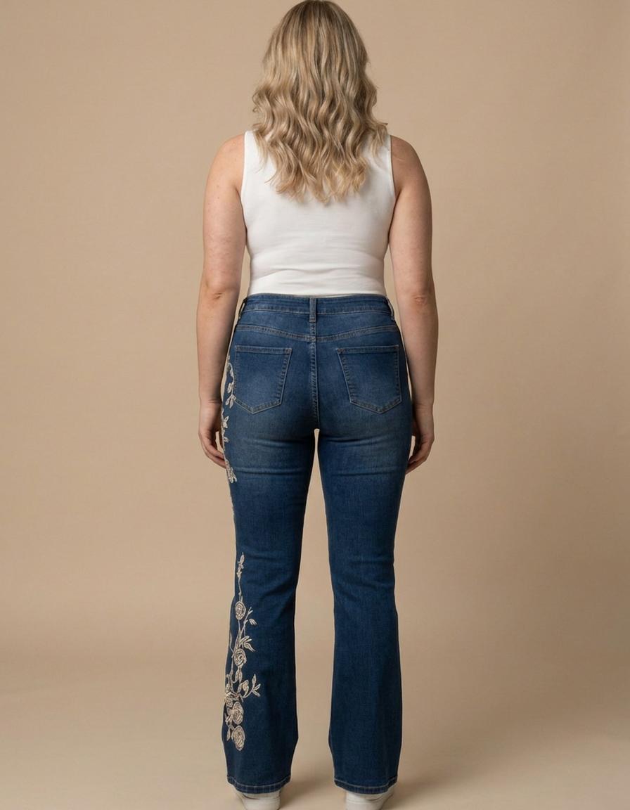 Alicia | Vaqueros de campana con bordado floral - Azul lavado