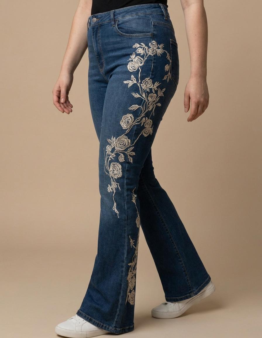 Alicia | Vaqueros de campana con bordado floral - Azul lavado