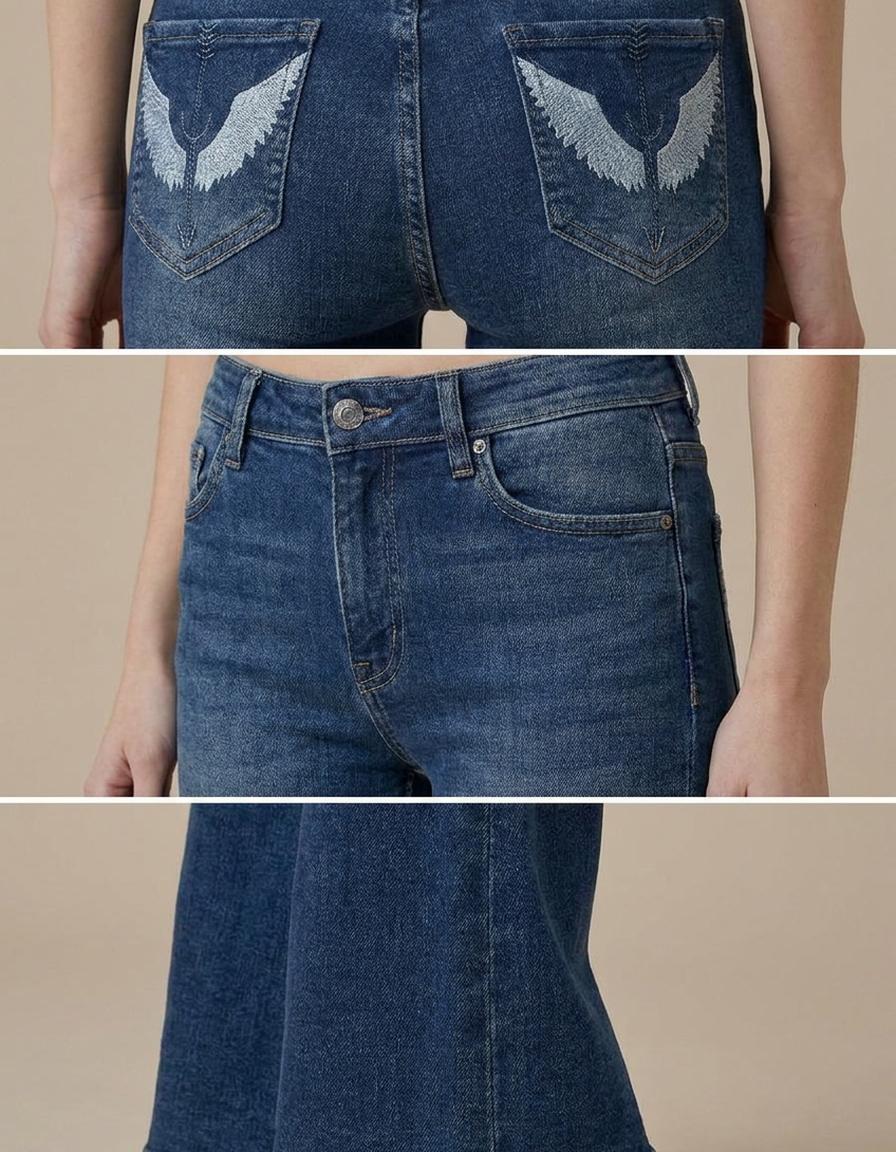 Ariana | Vaqueros de campana con alas bordadas - Azul oscuro