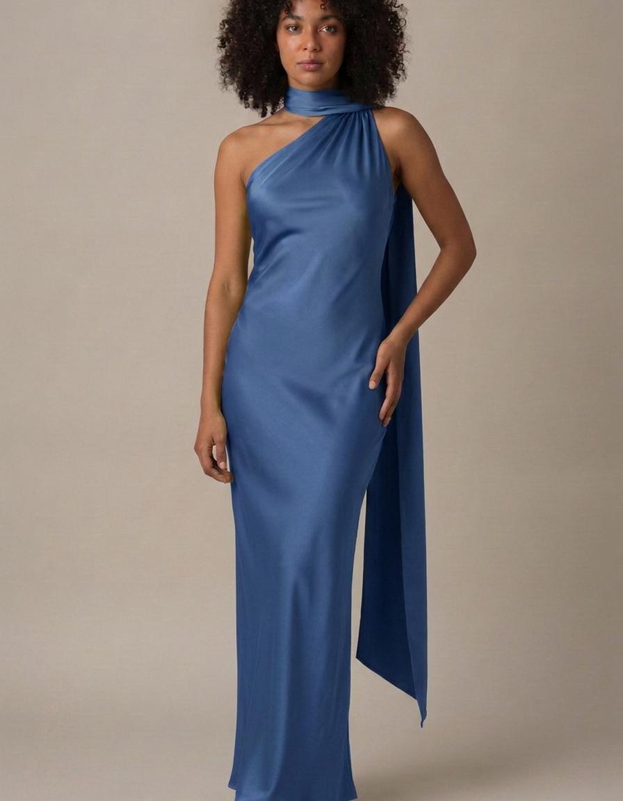 Vega | Vestido de satén con capa - Azul