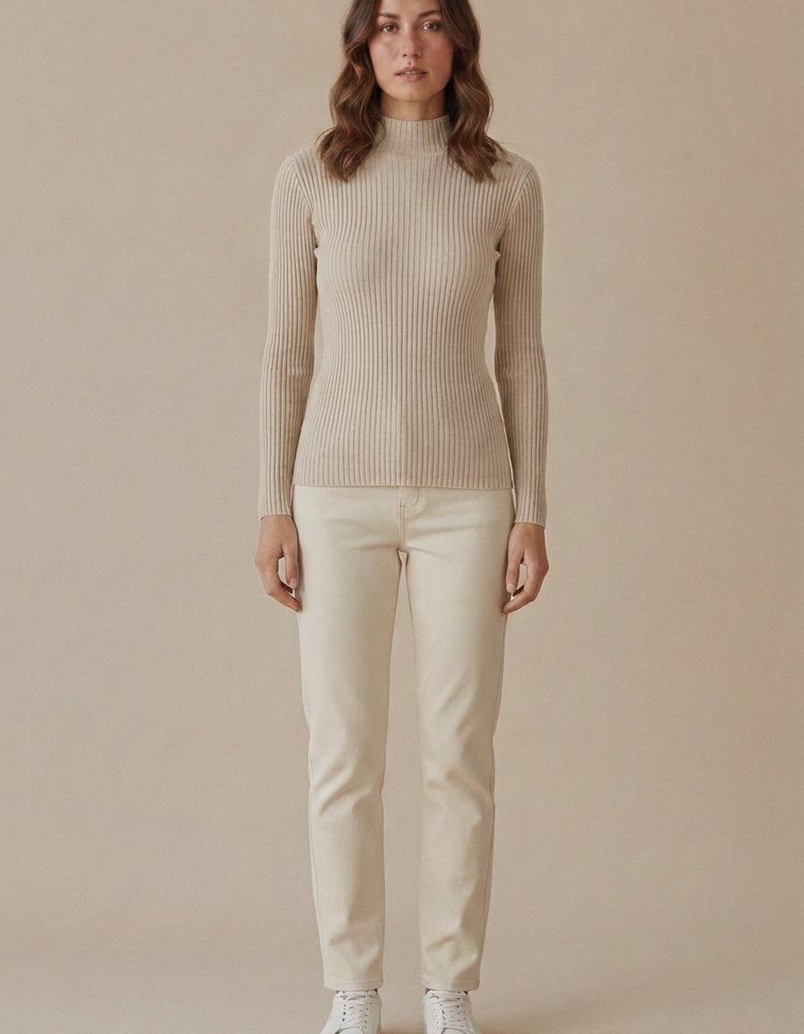 Leire | Jersey de canalé con cuello medio - Beige
