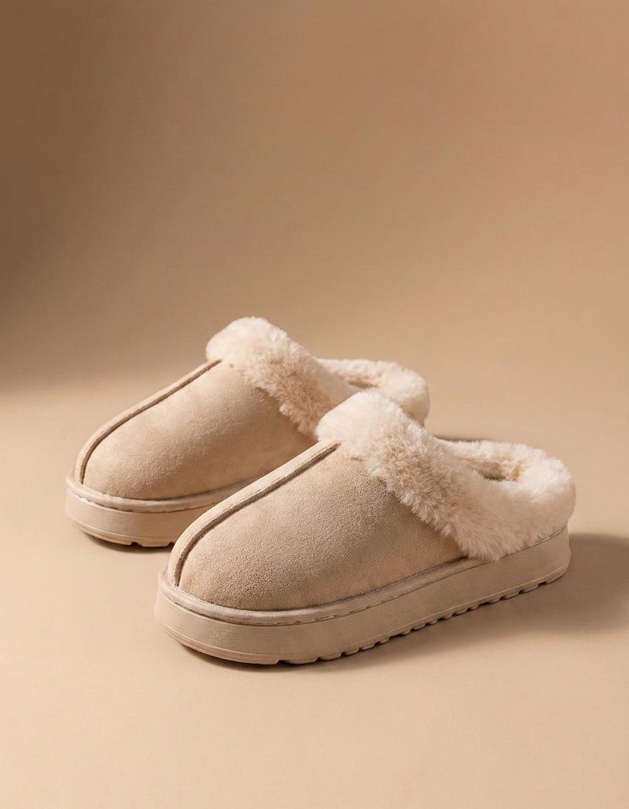 Nuria | Zapatillas de casa de antelina con pelo - Beige