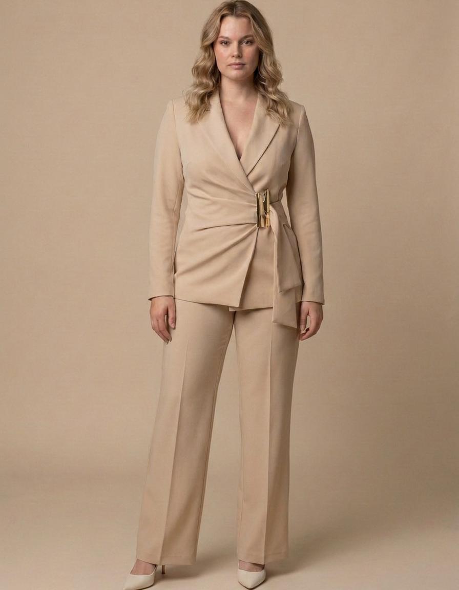 Ángeles | Traje cruzado con hebilla dorada - Beige