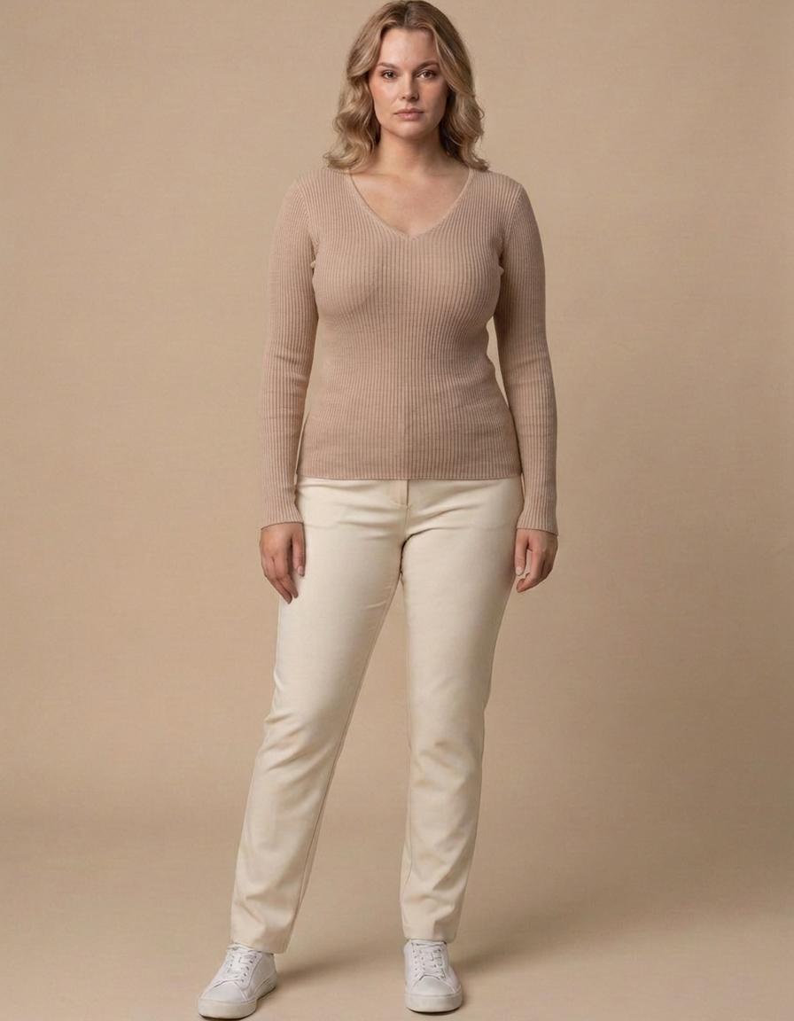 Lorena | Jersey de canalé con escote en pico - Beige