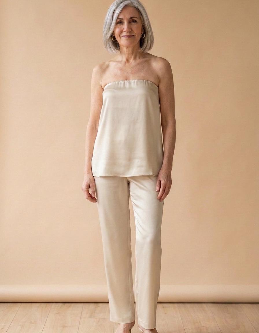 Silvia | Conjunto de satén top y pantalón - Beige