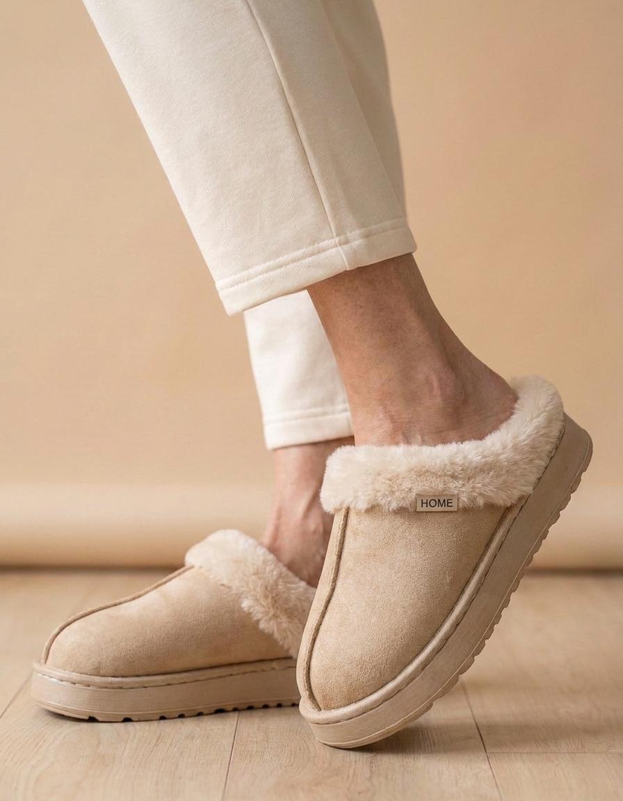 Nuria | Zapatillas de casa de antelina con pelo - Beige