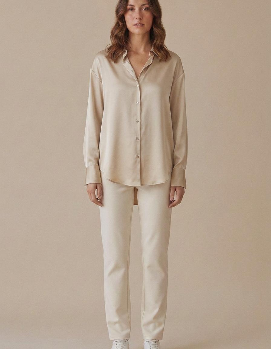 Greta | Camisa satinada de manga larga - Beige