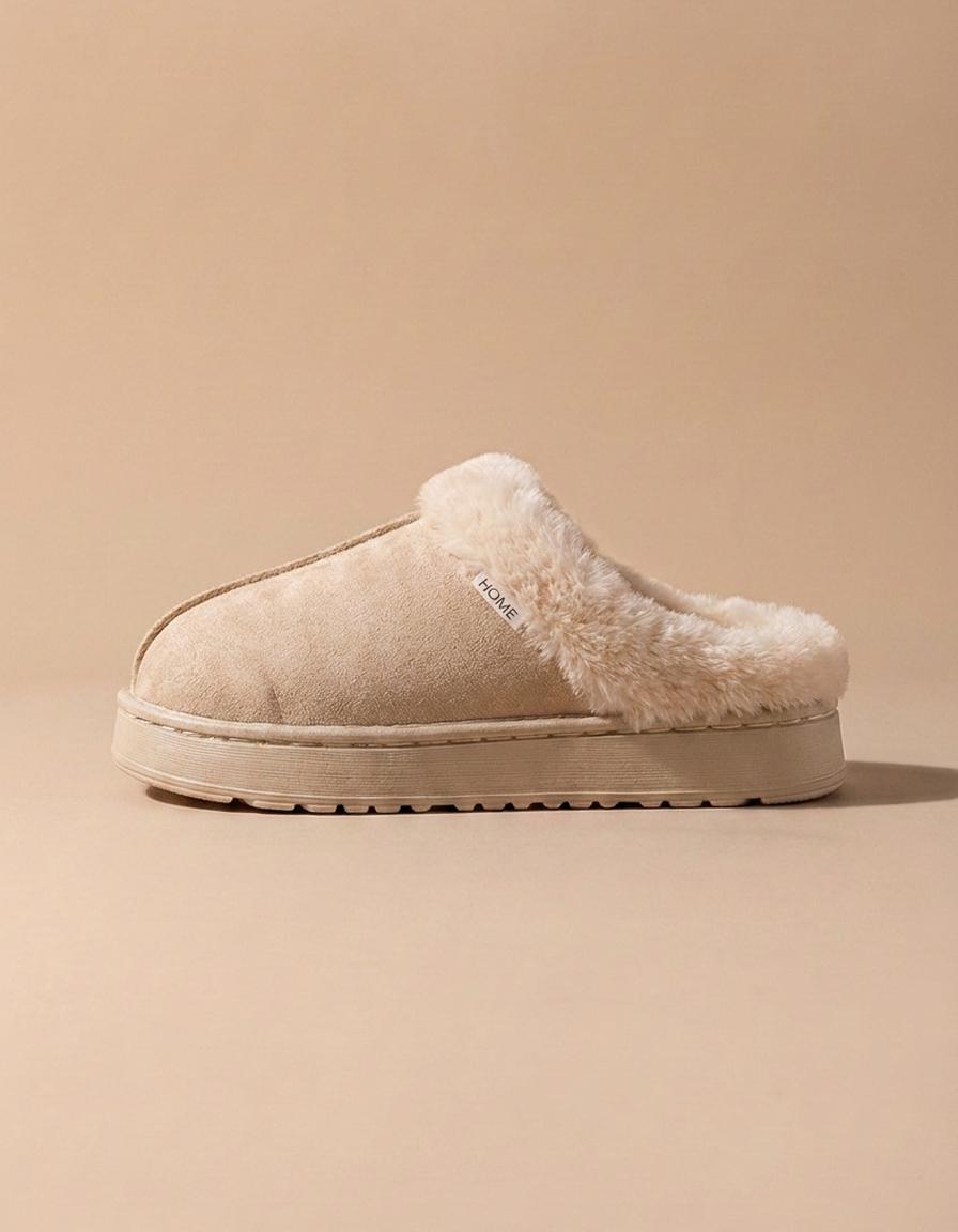 Nuria | Zapatillas de casa de antelina con pelo - Beige