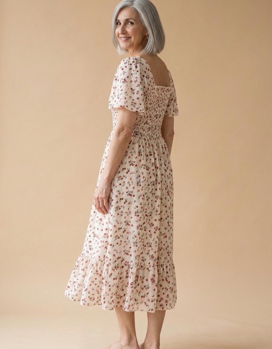 Carmen | Vestido midi de gasa fruncido - Beige