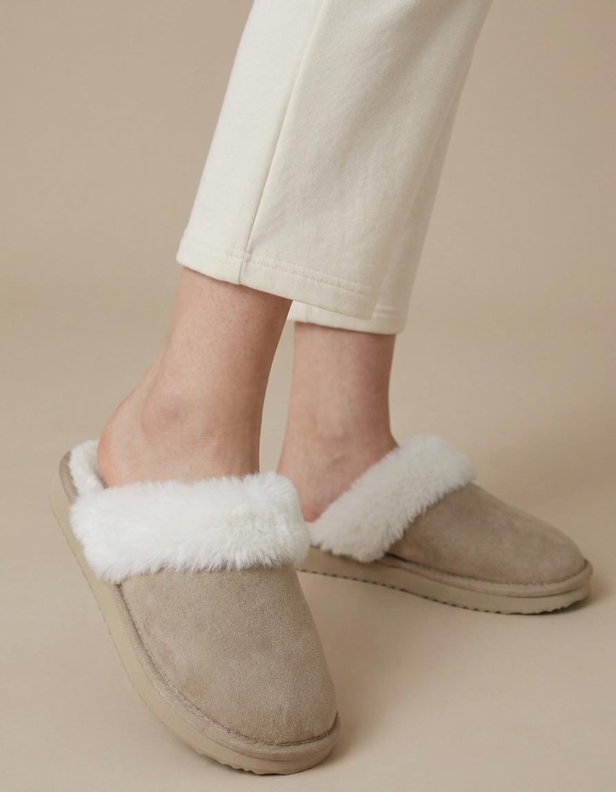 Ángela | Zapatillas de casa de antelina con pelo - Beige