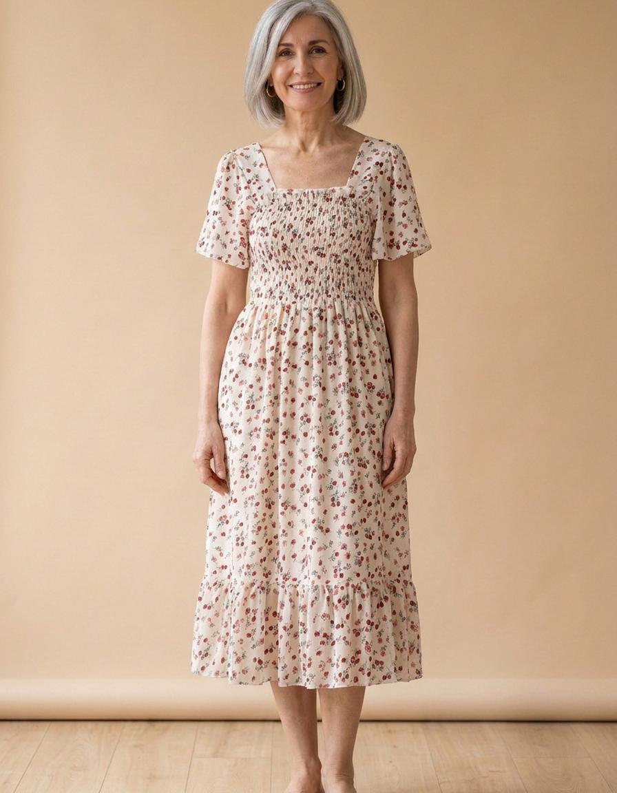 Carmen | Vestido midi de gasa fruncido - Beige