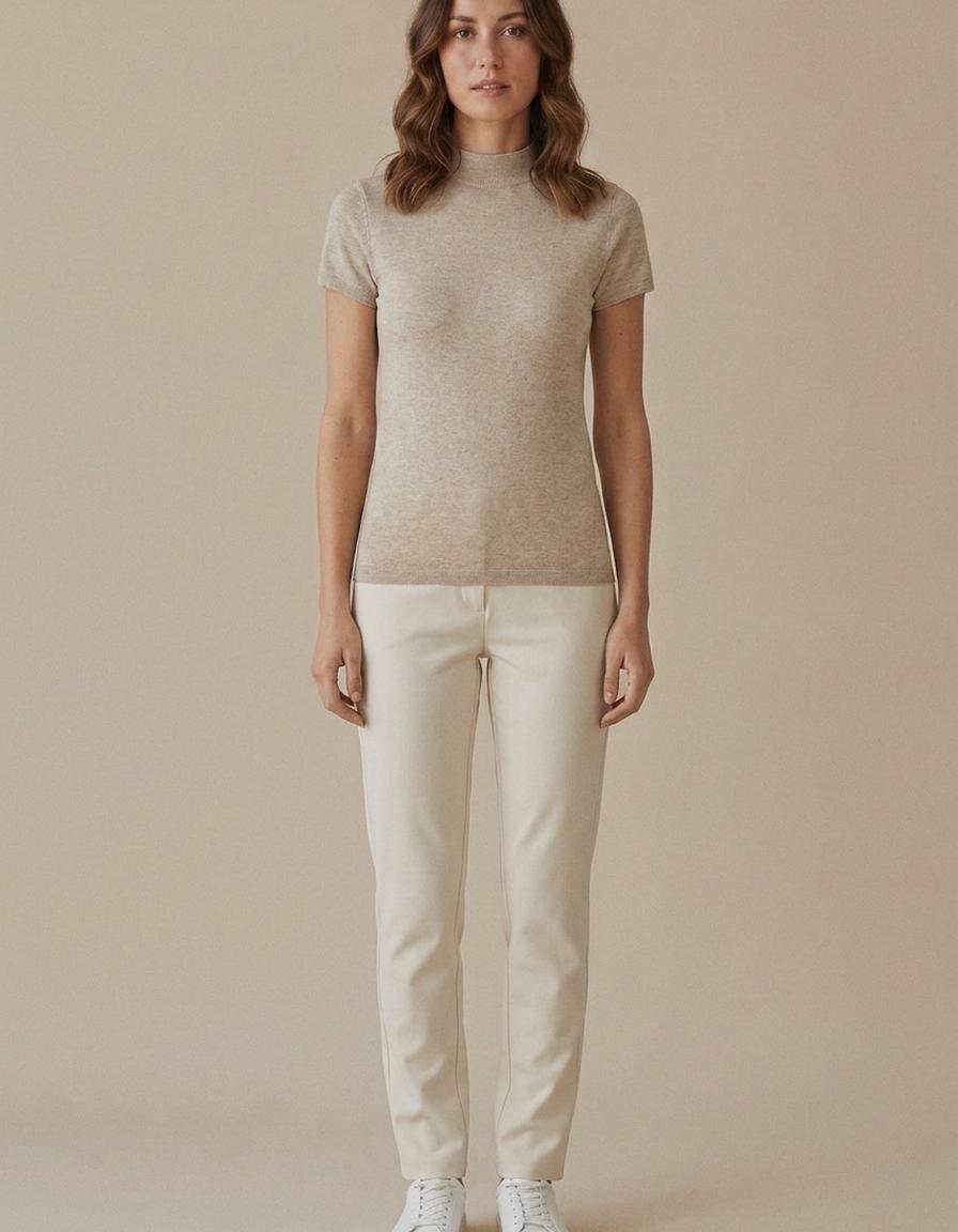 Mar | Top de punto con cuello medio y manga corta - Beige