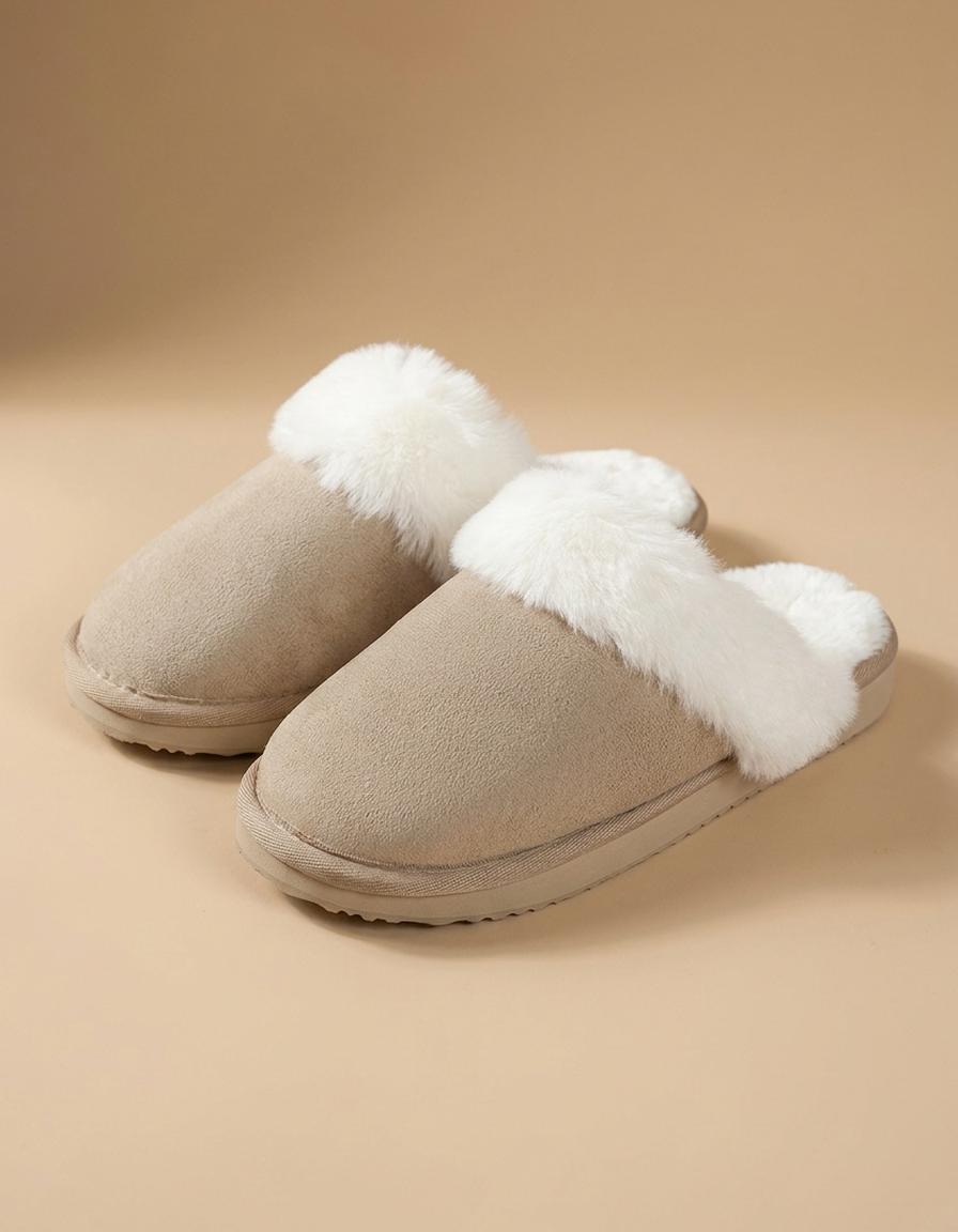 Ángela | Zapatillas de casa de antelina con pelo - Beige