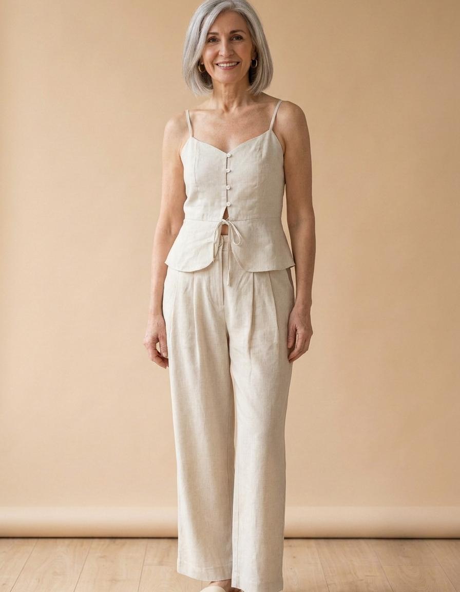 Leonor | Conjunto top y pantalón ancho de lino - Beige