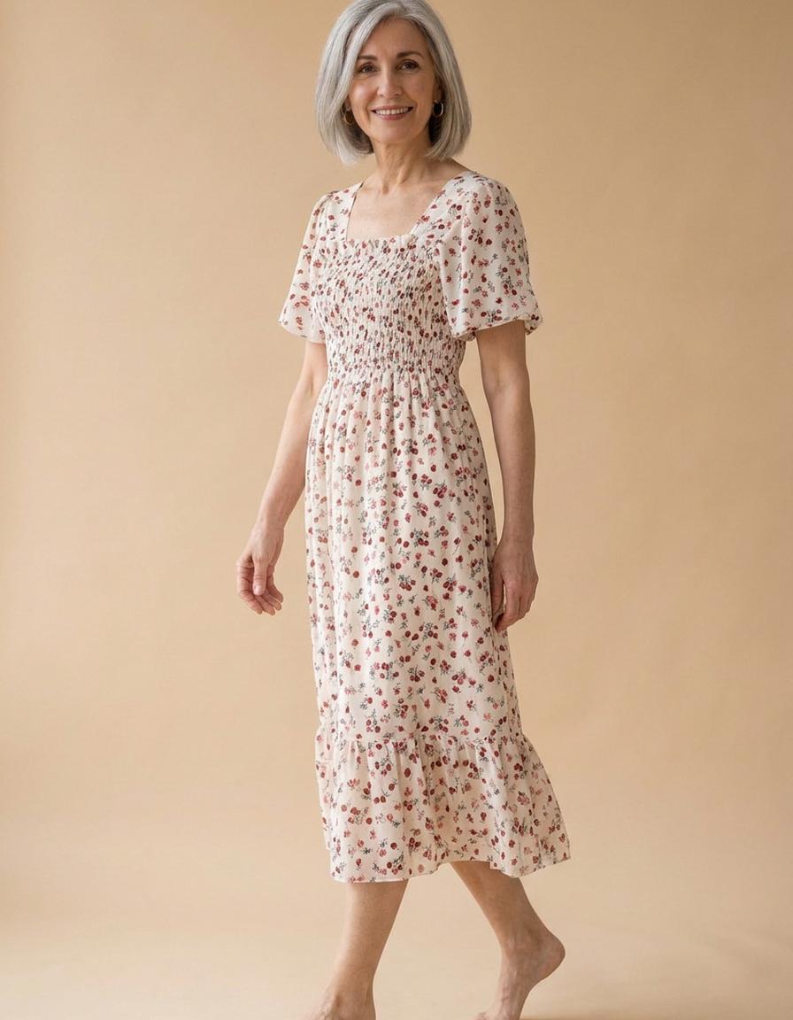 Carmen | Vestido midi de gasa fruncido - Beige
