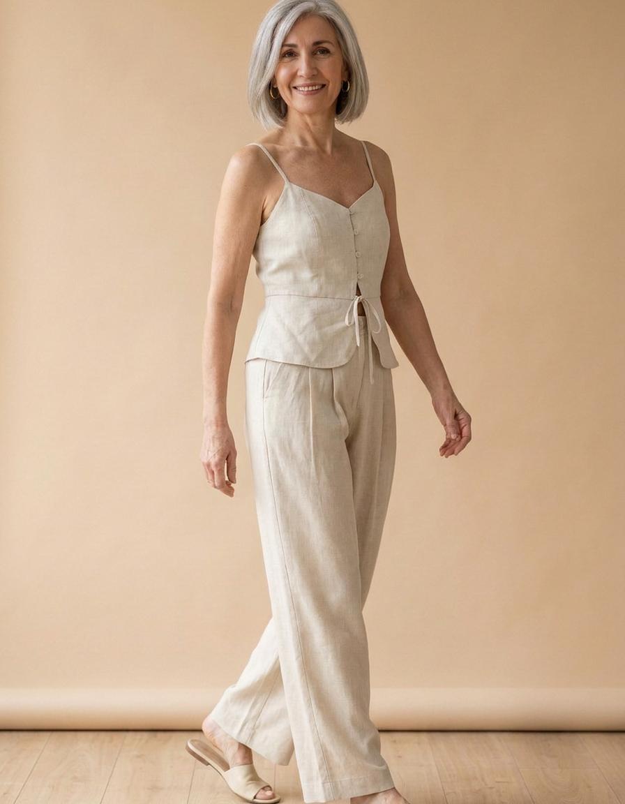 Leonor | Conjunto top y pantalón ancho de lino - Beige
