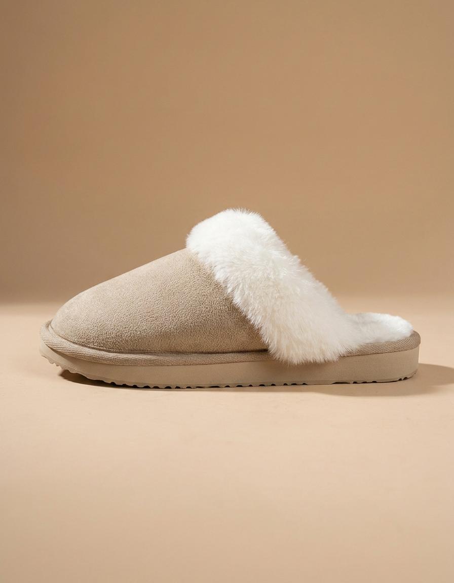 Ángela | Zapatillas de casa de antelina con pelo - Beige