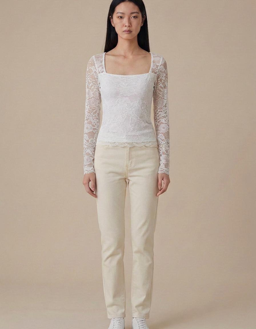 Belén | Top de cuello cuadrado con mangas de encaje - Blanco
