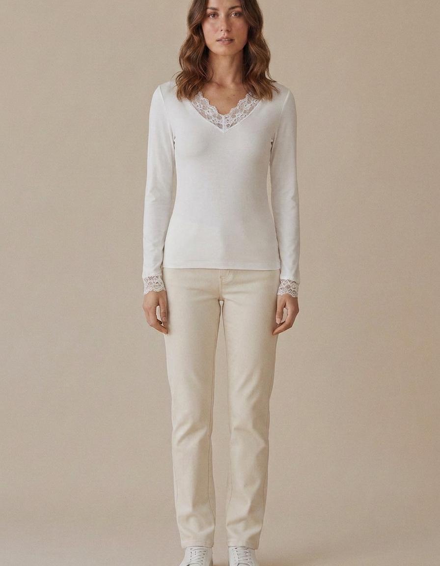 Carlota | Camiseta de cuello pico con encaje - Blanco