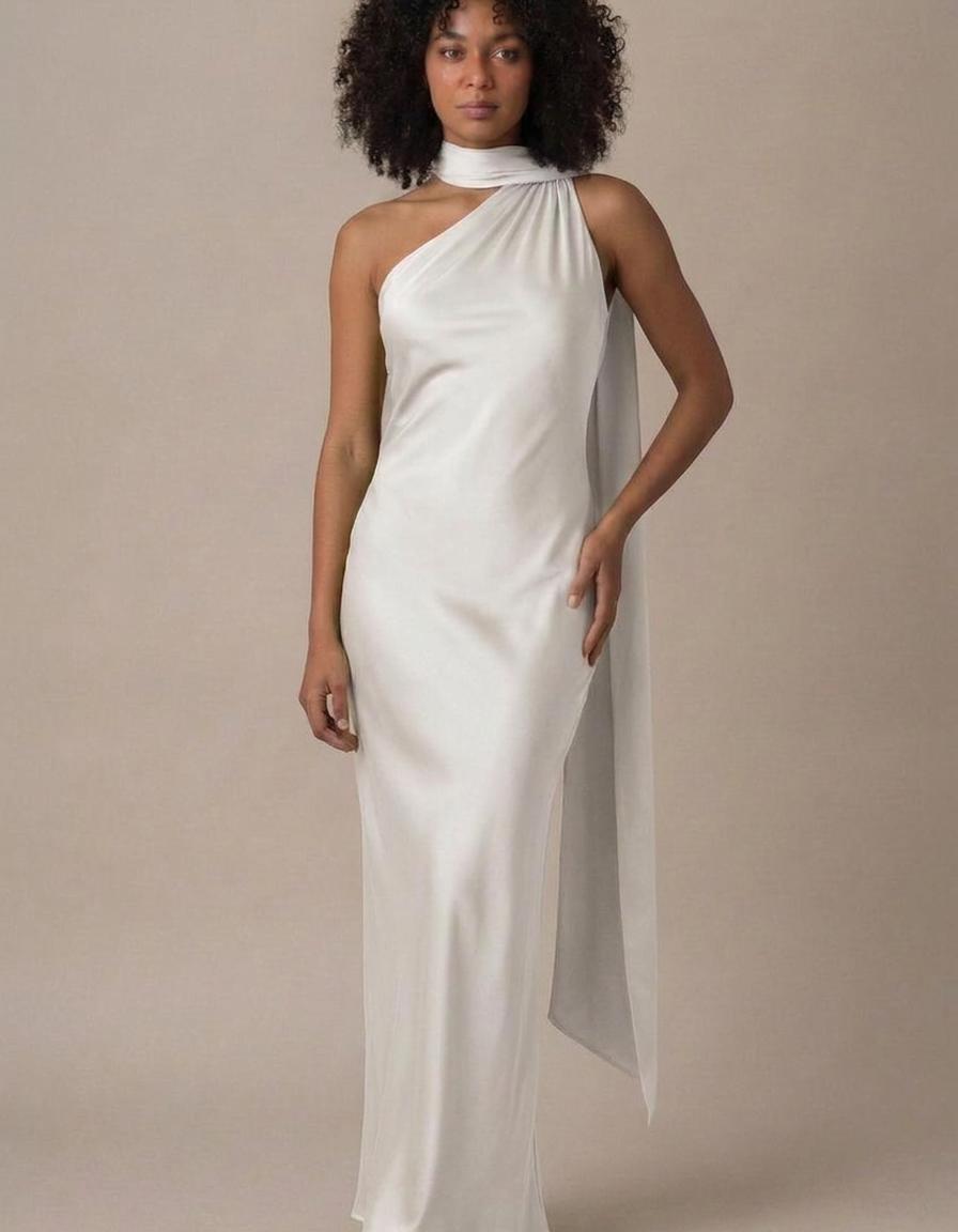 Vega | Vestido de satén con capa - Blanco
