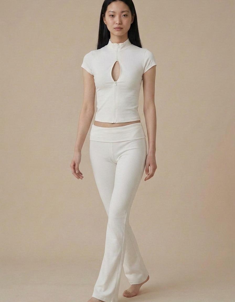 Alba | Conjunto top cremallera y pantalón campana - Blanco
