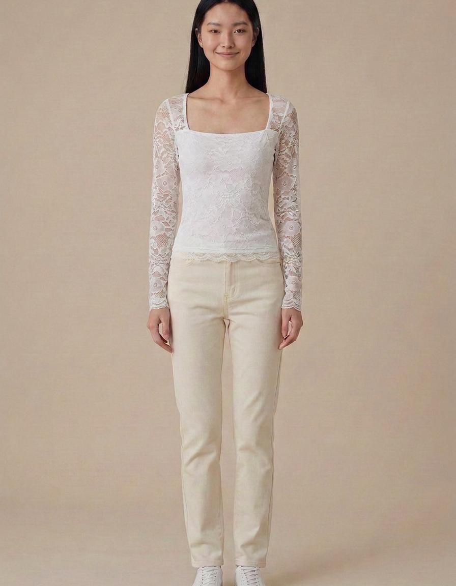 Belén | Top de cuello cuadrado con mangas de encaje - Blanco