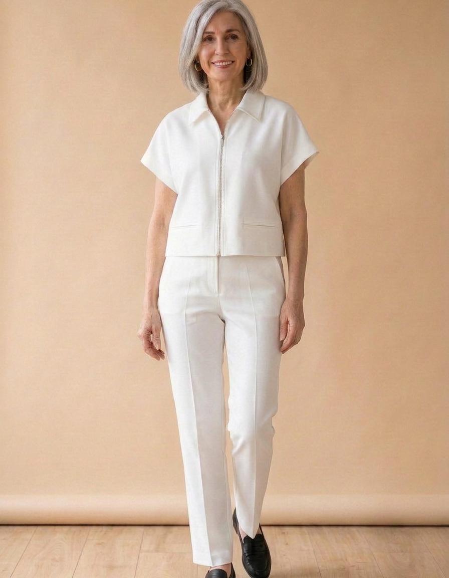 Pilar | Conjunto chaqueta corta cremallera y pantalón - Blanco