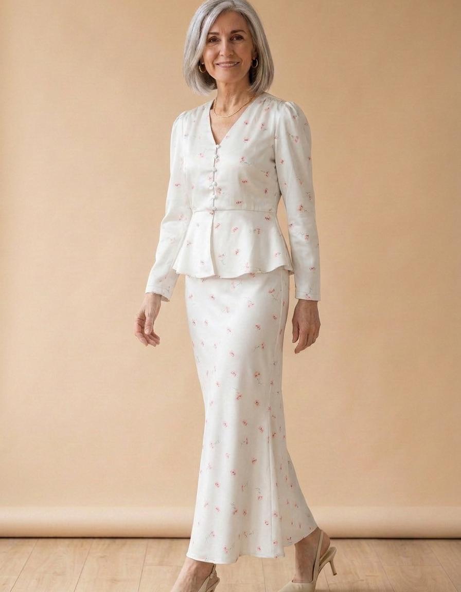 Aurora | Conjunto camisa y falda larga de satén - Blanco
