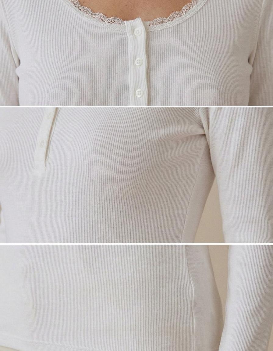 Beatriz | Camiseta de canalé con encaje y botones - Blanco