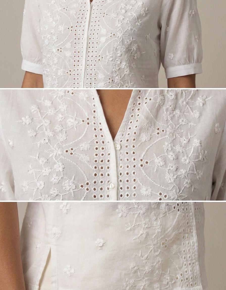 Jana | Blusa bordada de flores y manga corta - Blanco