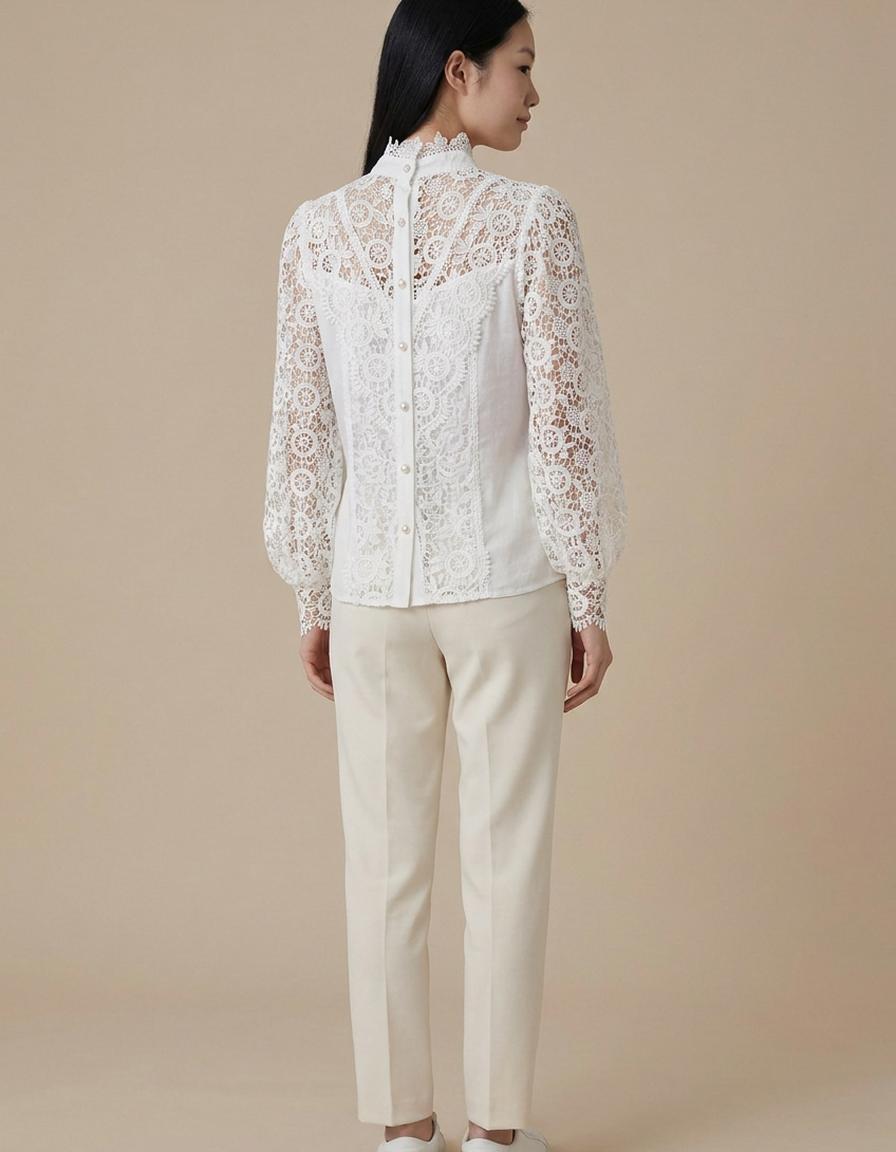 Iria | Blusa de encaje con cuello alto - Blanco