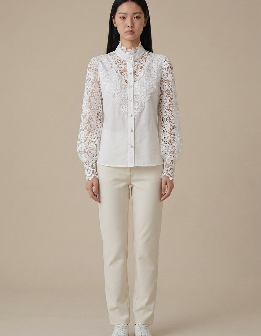 Iria | Blusa de encaje con cuello alto - Blanco
