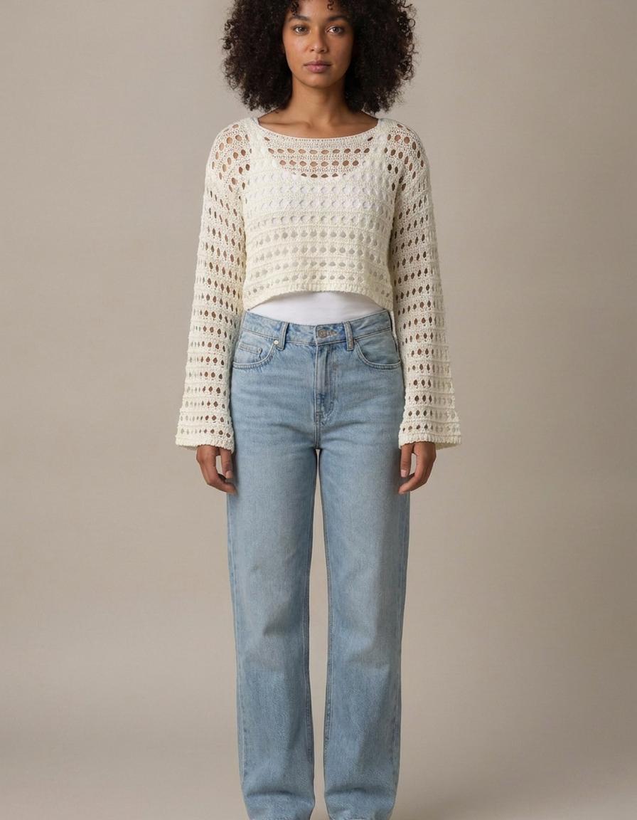 Maite | Top de crochet calado de manga larga - Blanco