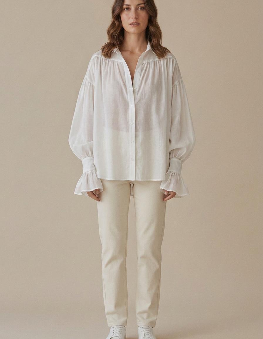 Joana | Blusa amplia con manga globo y volante - Blanco