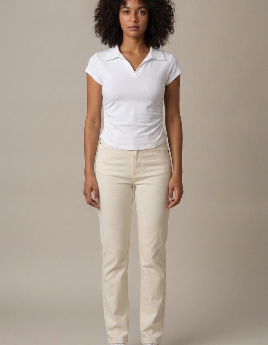 Camila | Camiseta polo corta con fruncido - Blanco