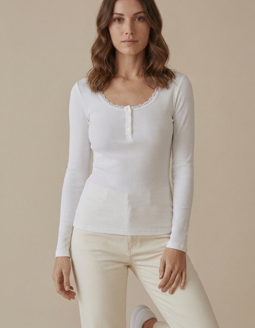 Beatriz | Camiseta de canalé con encaje y botones - Blanco