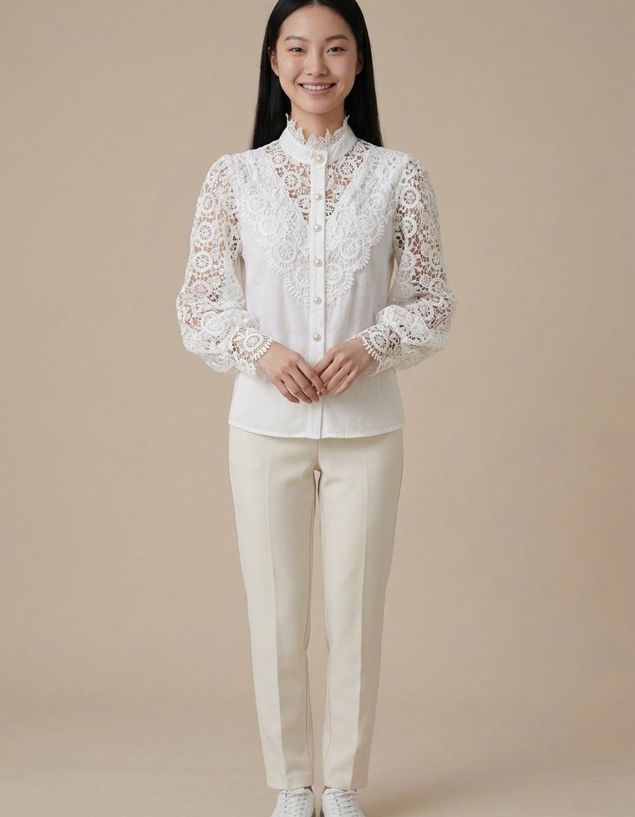 Iria | Blusa de encaje con cuello alto - Blanco