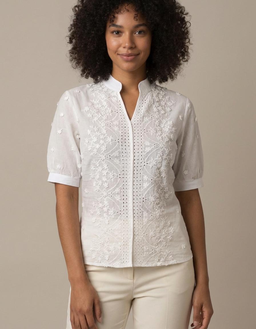 Jana | Blusa bordada de flores y manga corta - Blanco