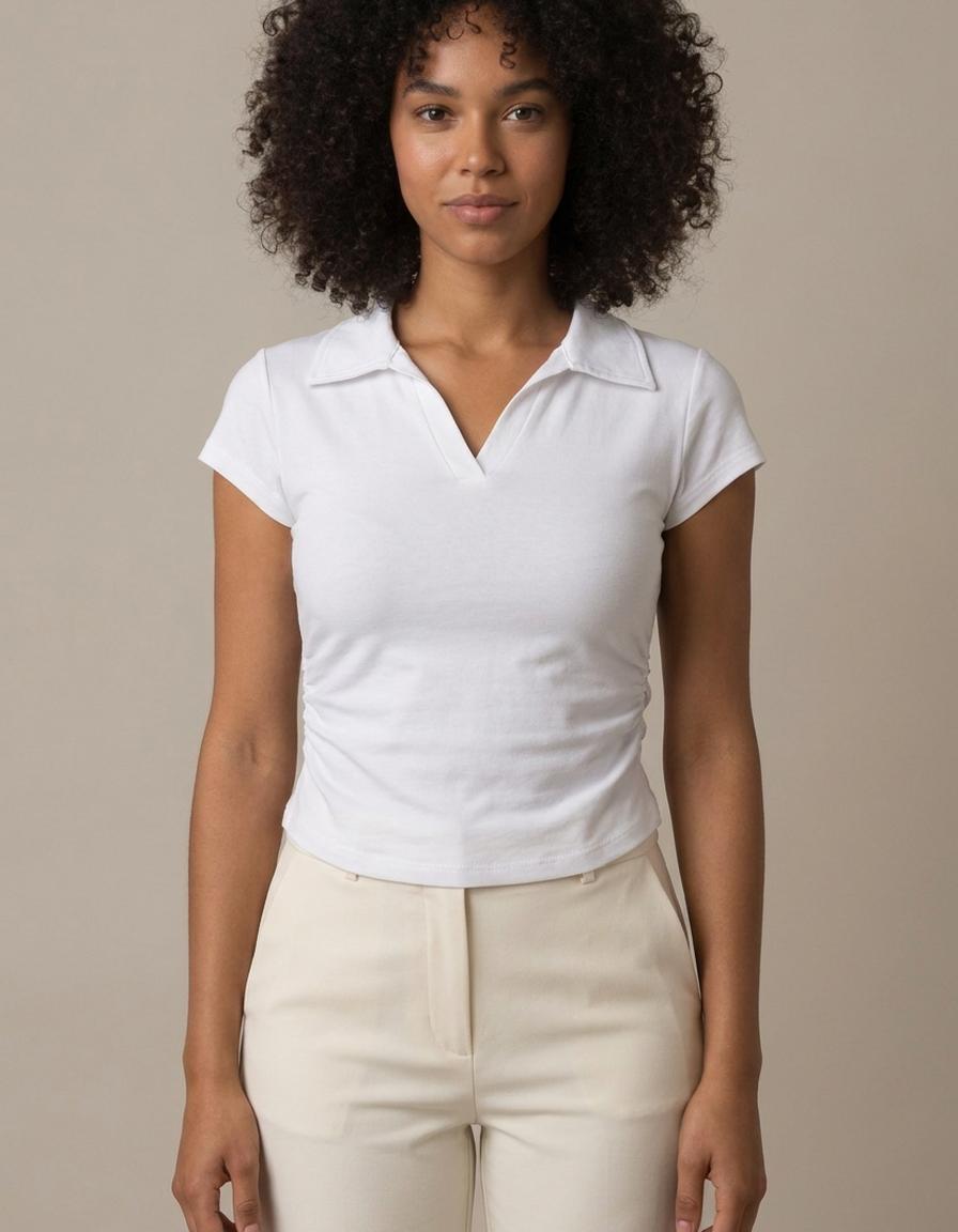 Camila | Camiseta polo corta con fruncido - Blanco